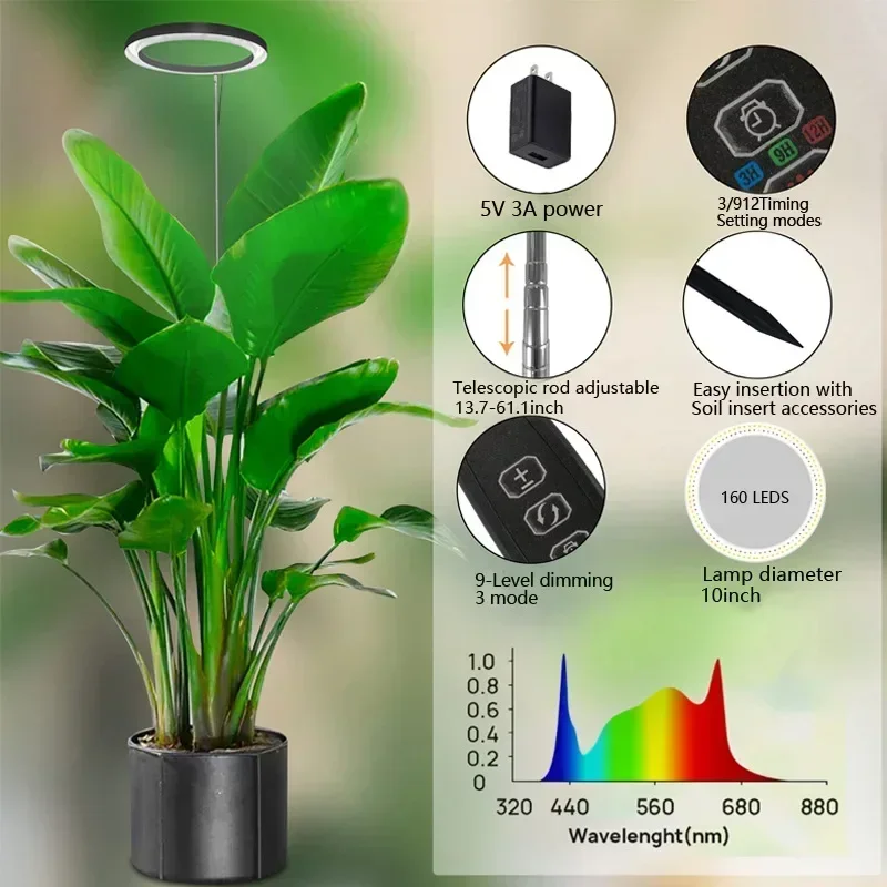 New LED Ring Indoor Plants Grow Lights 160LEDs 6000K Full Spectrum Plant Light for Indoor Plants Height Adjustable Growing Lamp