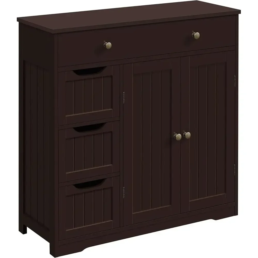 Freestanding Wooden Storage Cabinet with 1 Large Drawer, 3 Small Drawers & 2 Doors for Kitchen, Living Room, or Bathroom