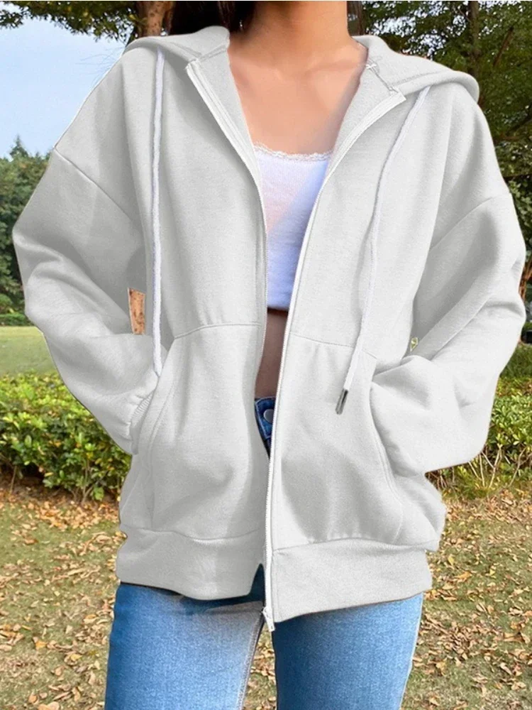 

New Autumn Winter Women's Hoodie Long-sleeved Loose Zipper Fleece Solid Color Sweater Sweatshirt Zip Hoodie Streetwear Women