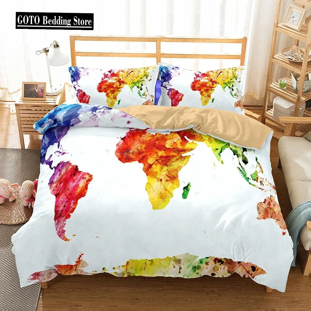 

3D Bedclothes High Quality Warm Comfortable Bedding Set Modern Fashion Beddings Watercolor Painting map Double Bed 224x240cm