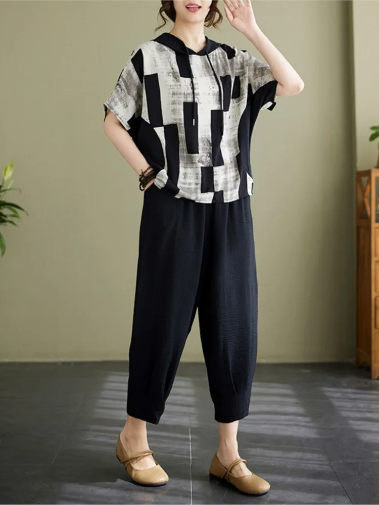 여름 투피스 세트 여성 후드 스트라이프 티셔츠 캐주얼 여성 상의 탄력있는 하이웨이스트 패션 여성 와이드 레그 팬츠