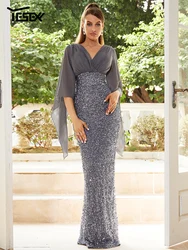 Yesexy New V-neck Mesh Flare Sleeve Sequin Grey Maxi Dresses Split Slim Prom Gown Elegant Party Evening Dresses for Women