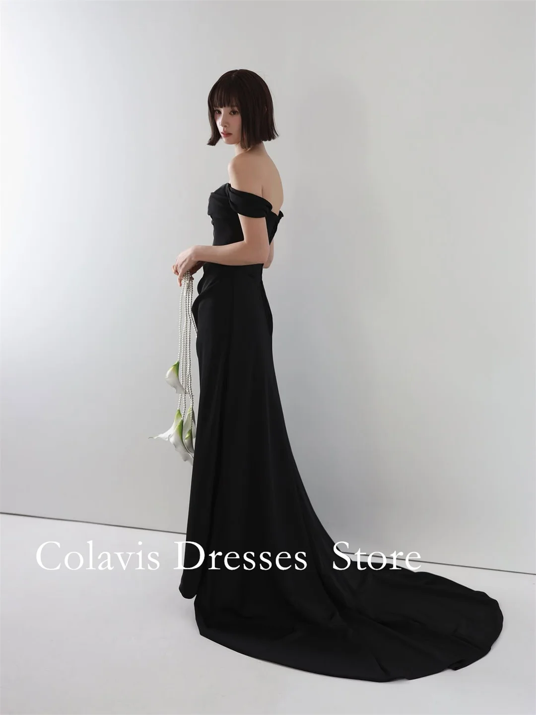Colavis Asta Customized Black Satin Mermaid Evening Dress Choker Neck Off‑the‑Shoulder Formal Party Gown With Small Train