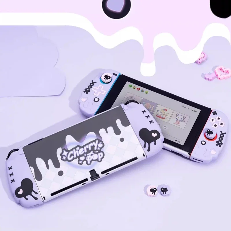 GeekShare Custodia protettiva in silicone Cherry Pop compatibile con Nintendo Switch/OLED, Cover JoyCon con 1 paio di impugnature per pollice viola