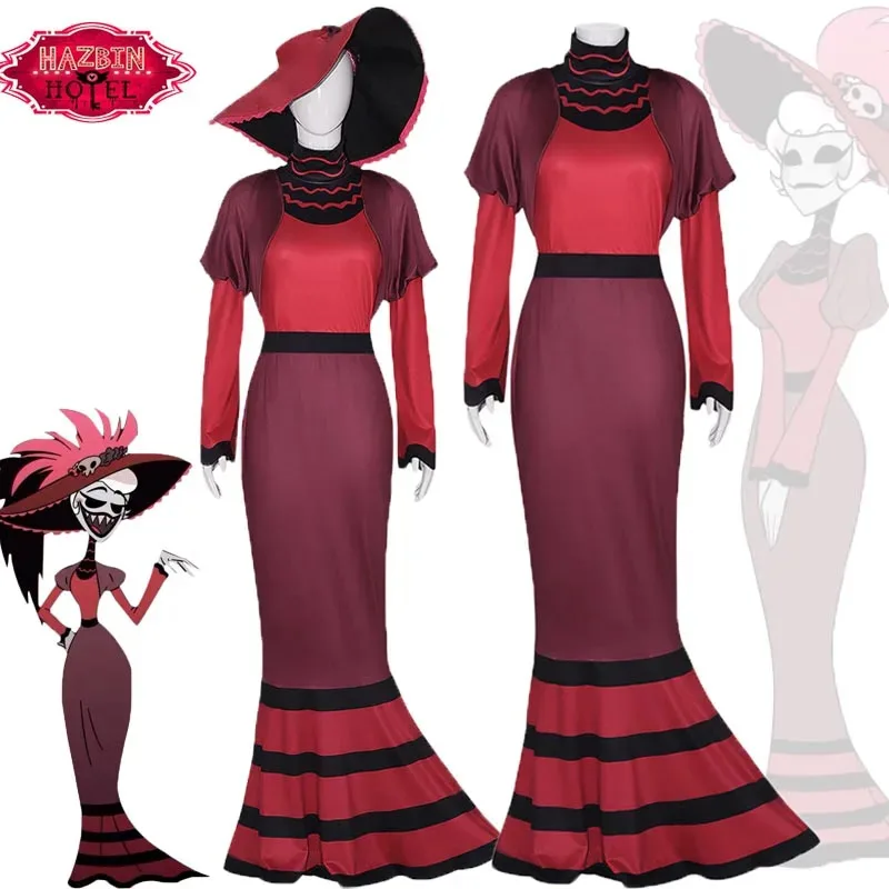 

Anime Hazbin Rosie Cosplay Costume Hotel Red Dress Belt Hat Full Set Suit Women Fancy Halloween Uniform Party Roleplay Outfits