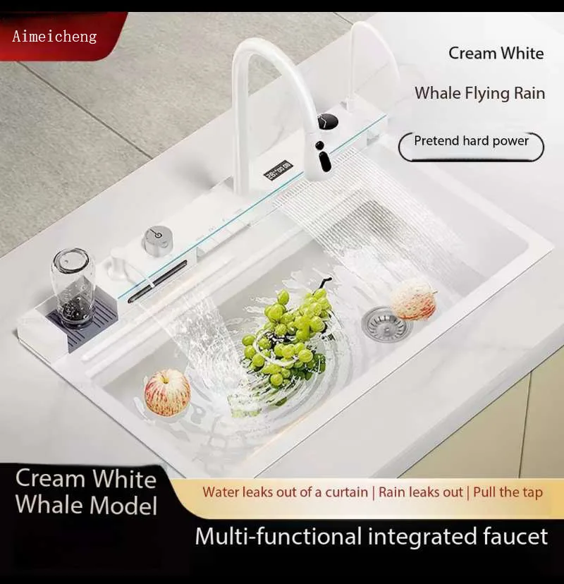 

White flying rain waterfall sink integrated multi-functional large single slot 304 stainless steel vegetable washing sink