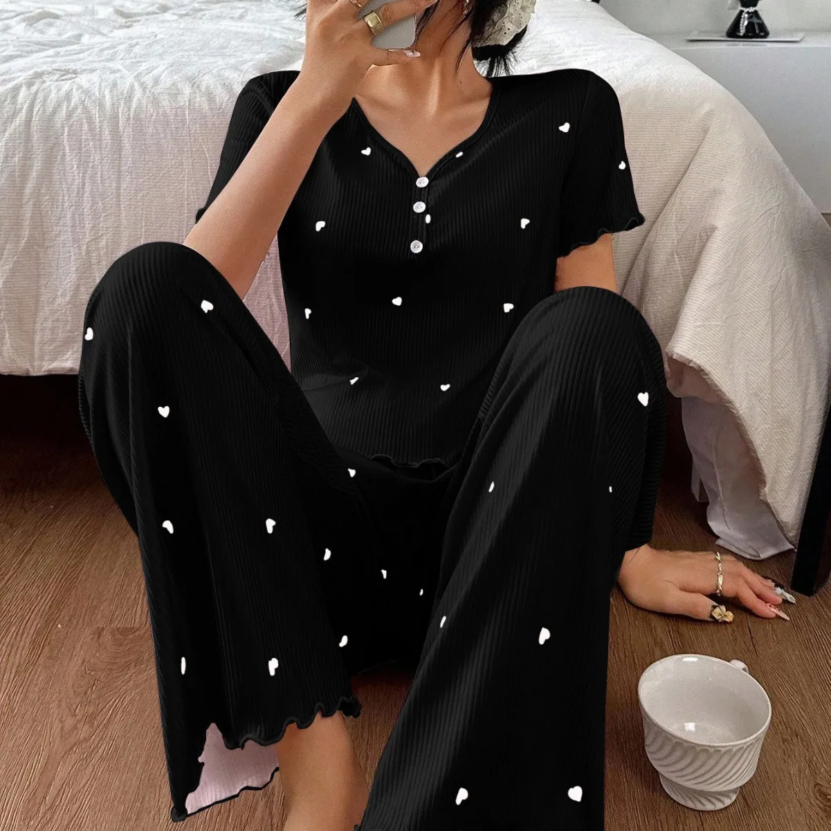 Short Sleeve Pajamas Heart Ribbed Long Pants Polyester Short Sleeve Pajamas Heart Ribbed Long Pants V Neck Half Button Ruffle