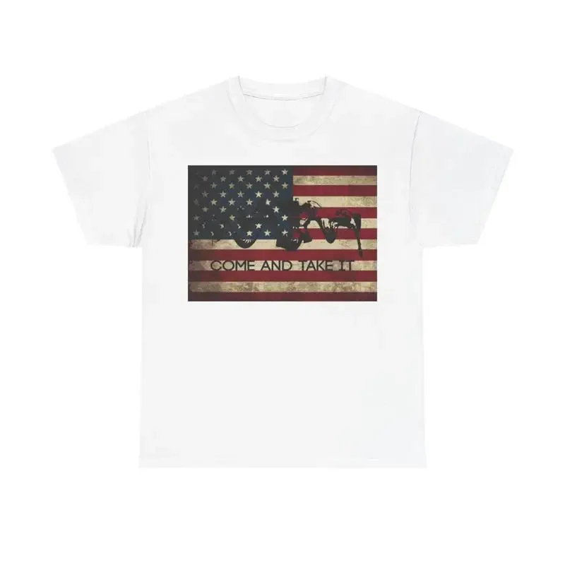 American Flag T Shirt Distressed Rifle 1776 Heavy Cotton