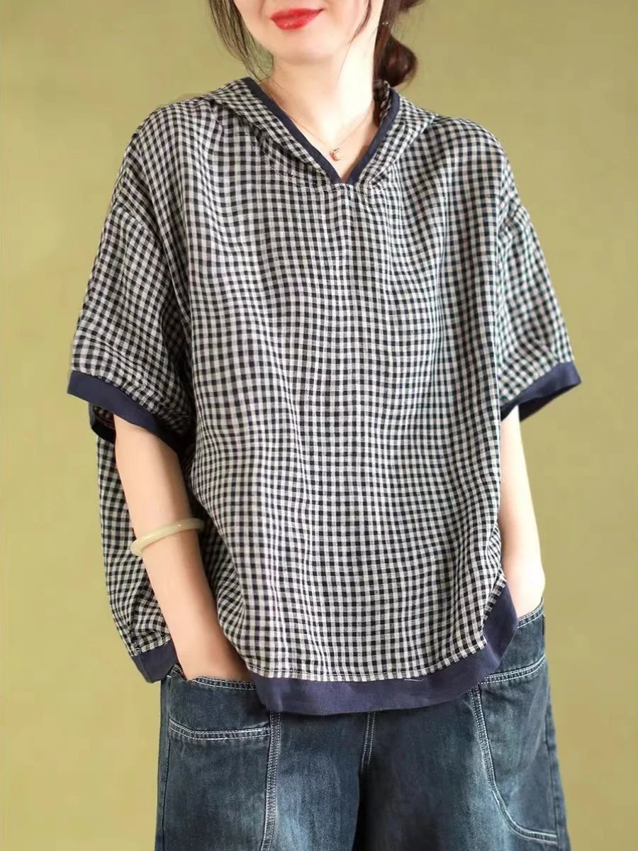 

Artistic Vintage Cotton Linen Loose id T-irt with Hat Five Sve Thin Body irt Women's Casual Faion Top