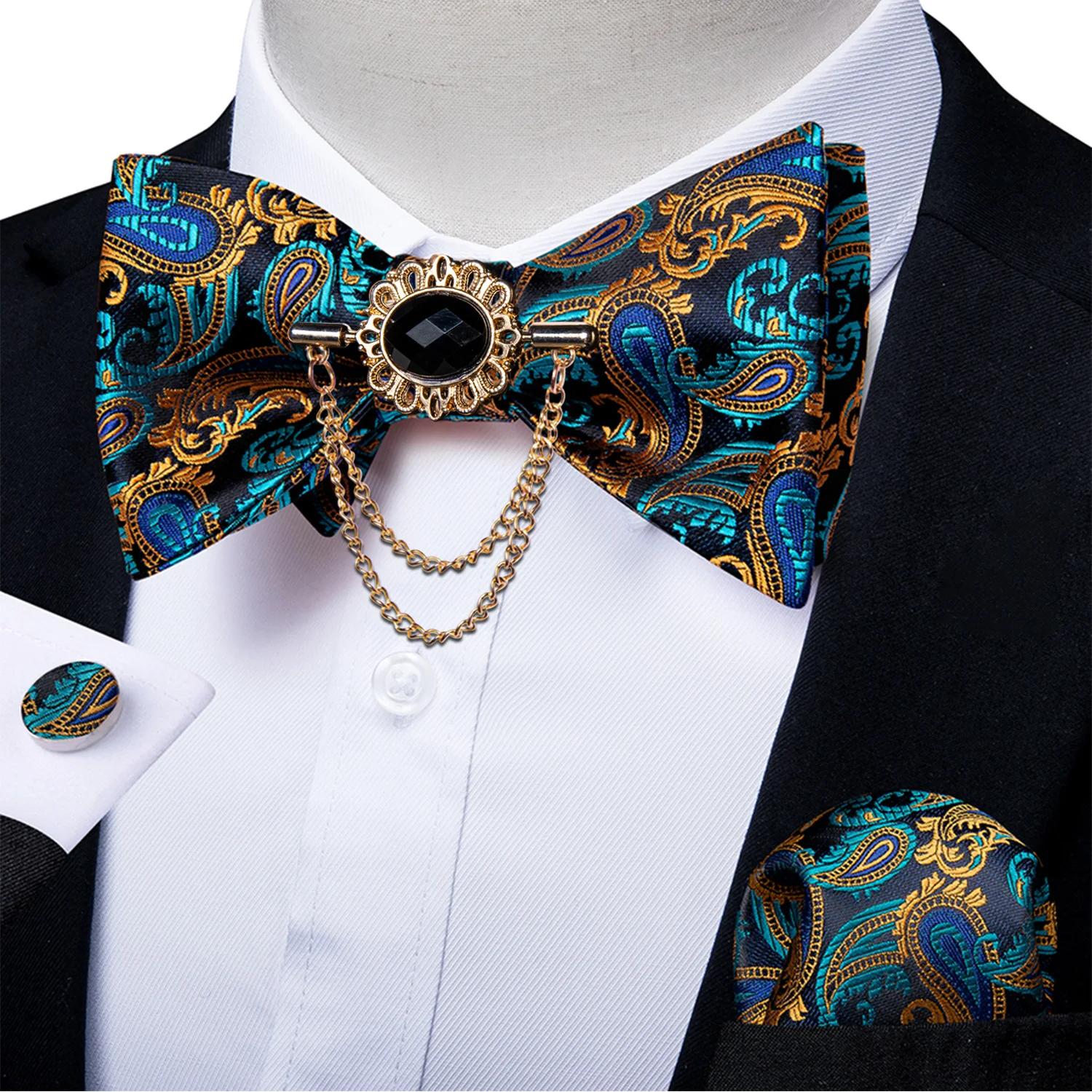 Free Adjustment Self-tie Bowties For Man Fashion Paisley Luxury Men's Wedding Party Neck Ties Cufflinks Brooch Hankychief Sets