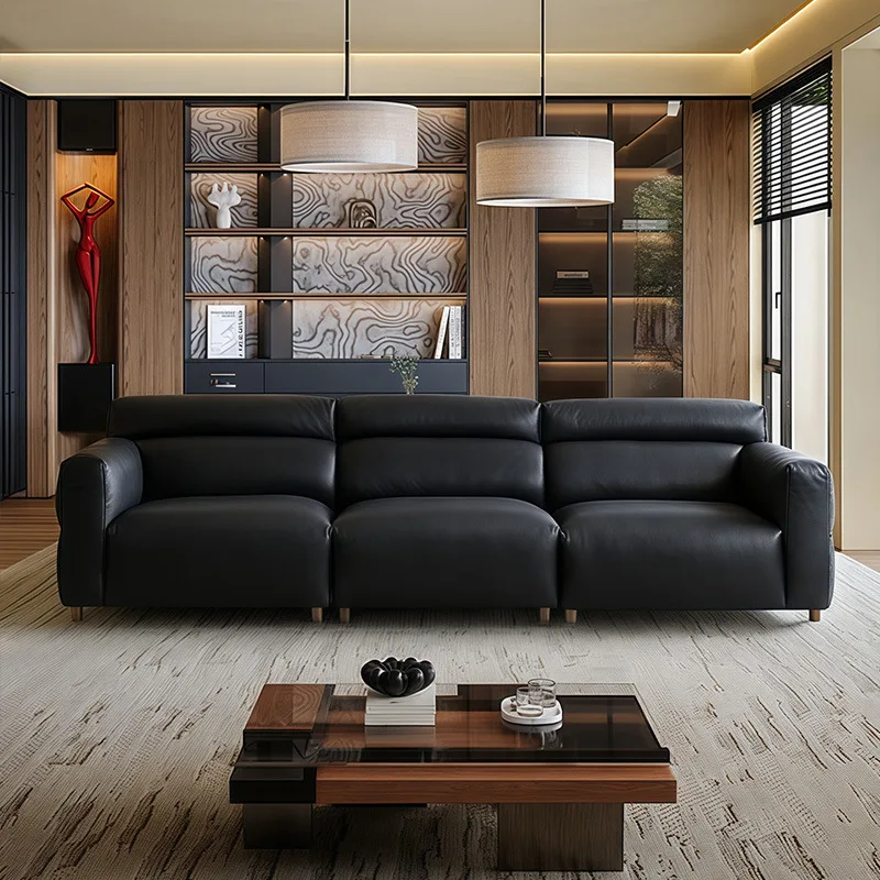 Italian Black Cow Leather Sofa Small Apartment Living Room Straight Row Three Or Four People Minimalist Antique First Layer Cowh