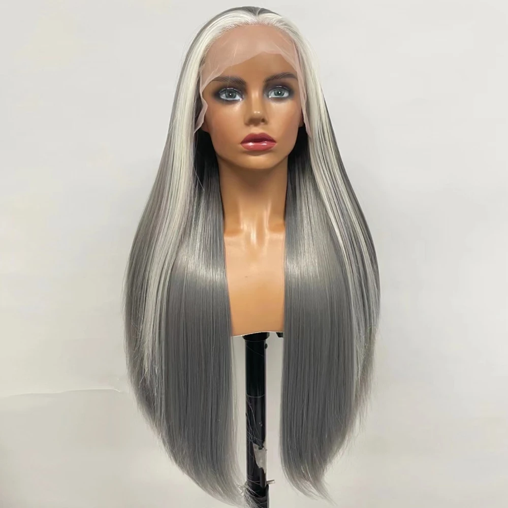 

Synthetic Wigs For Women Lace Front Breakdown Free Long Straight GREY Color Hair Party/Cosplay Anime High Temperature Fiber