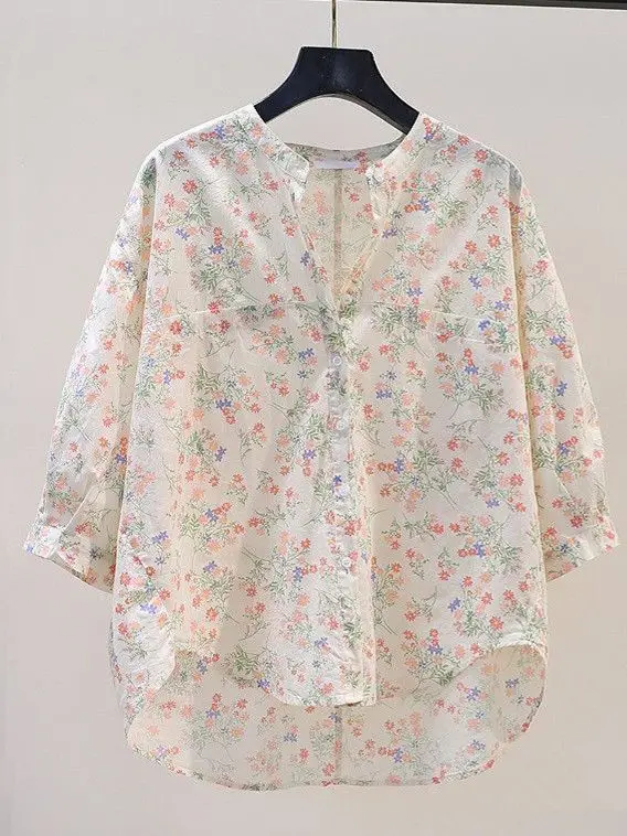 

Casual Loose Cotton irt Women's Retro Hong Kong Sle Floral Print round Ne Seven Sve Length Summer Trendy Top