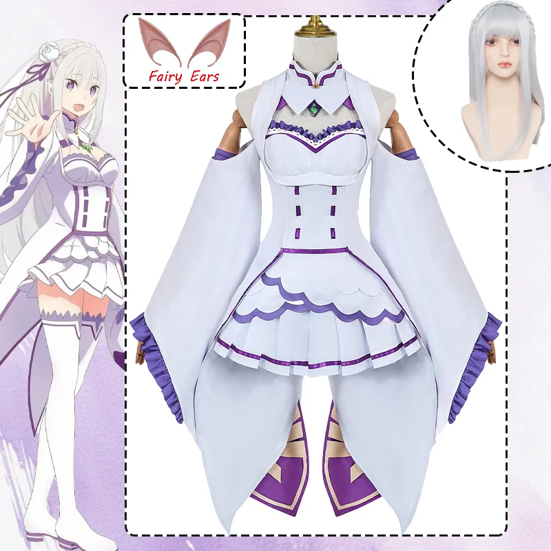 Emilia Cosplay Costume Anime Re Life In A Different World From Zero Cosplay Dress Wig Fairy Ears Outfits Halloween Party Women