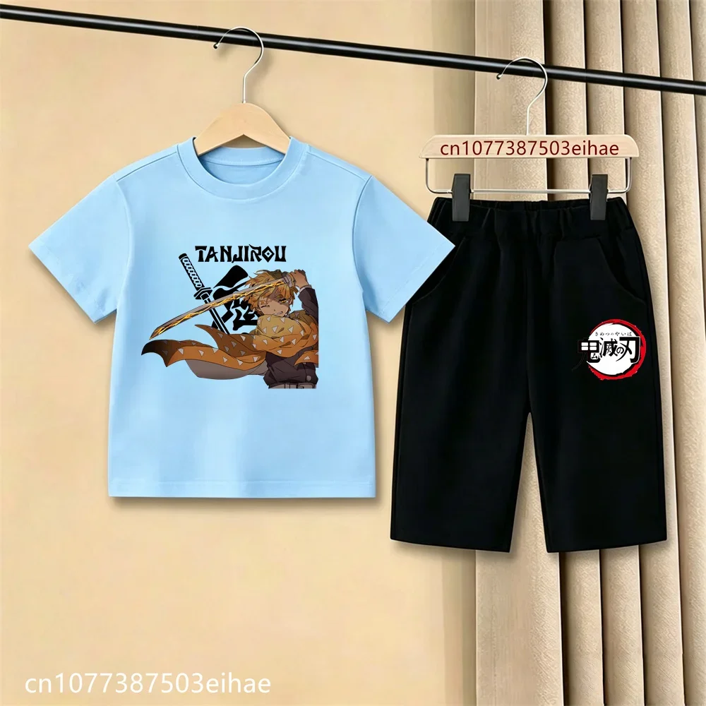 Demon Slayer Anime New Arrival Kids T-Shirt Casual Shorts Ghost Blade Pattern Summer Boys Girls Daily Two Piece Clothes Set