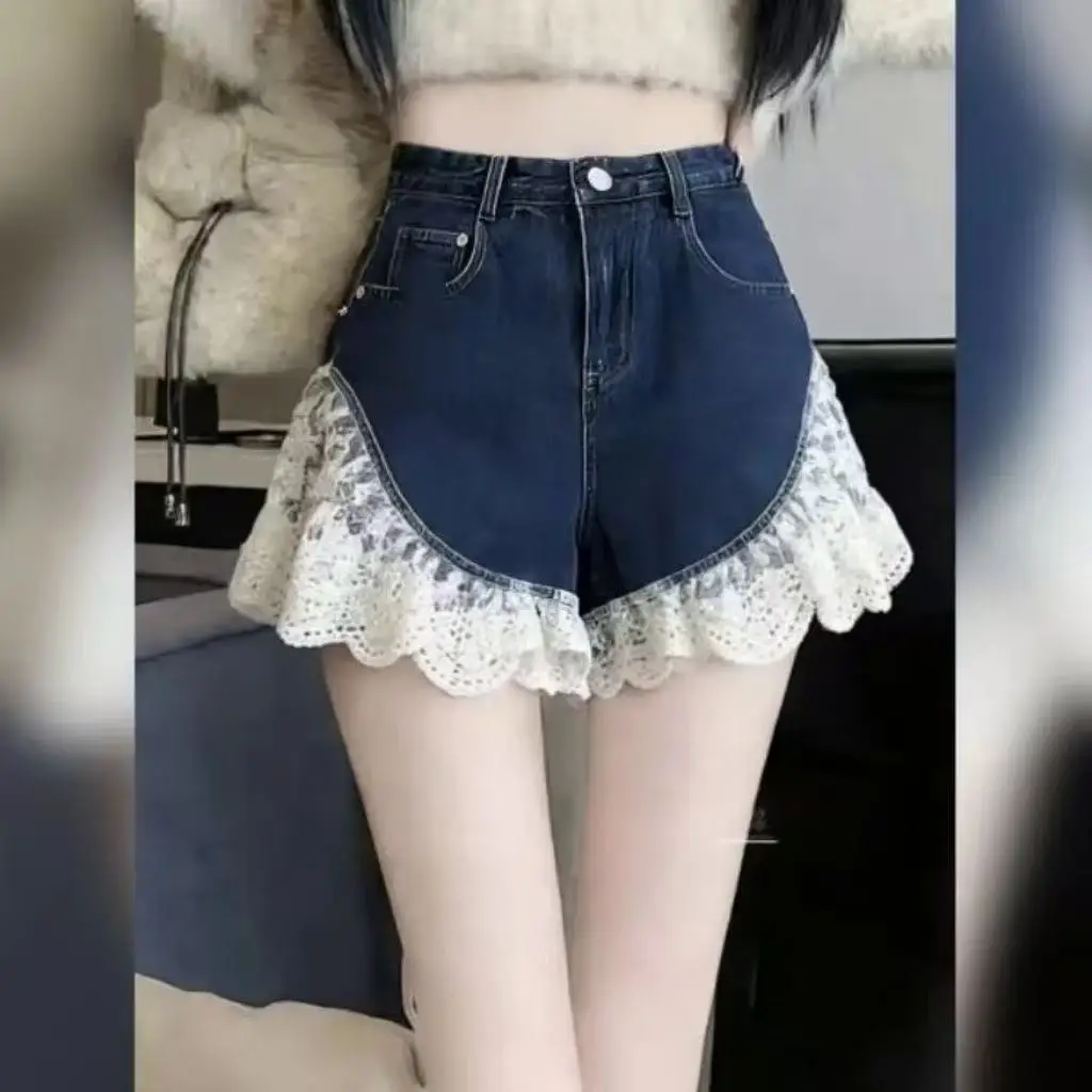 

Retro Lace Design Denim Shorts Women's High Waist Hot Pants Jean Shorts