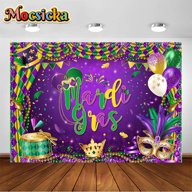 Mocsicka Mexico Mardi Gras Party Backdrop Masks Shelf drum Shiny Masquerade Purple-Carnival Birthday Decor Photobooth Background