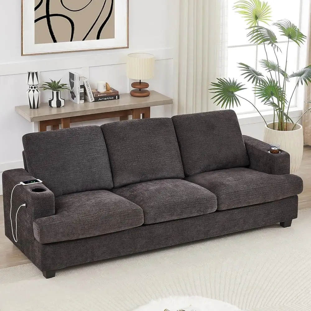 

Extra Deep Seating 3-Seat Sofa with USB Ports and Cup Holders, Chenille Upholstered, Suitable for Living Room or Office, Grey