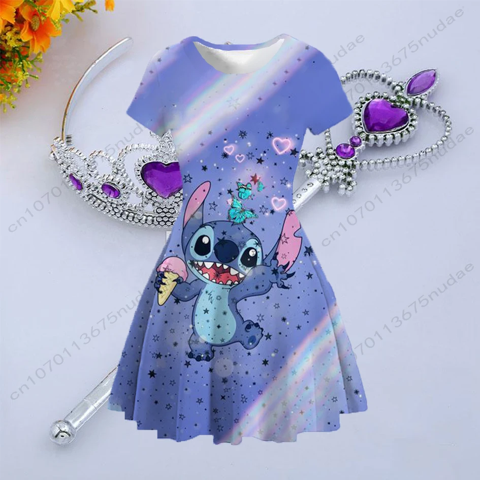 Stitch Disney cartoon print round neck short sleeve waist slim dress girl birthday party dress princess dress