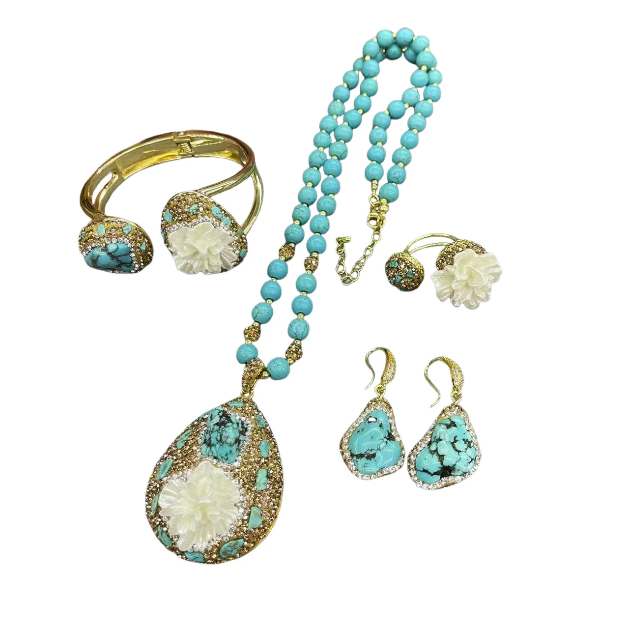 Turquoise Jewelry Set 4 Pieces for Women Czech Crystals Inlaid Pendant Necklace Earrings Rings Bracelet Charm Fashion Statement
