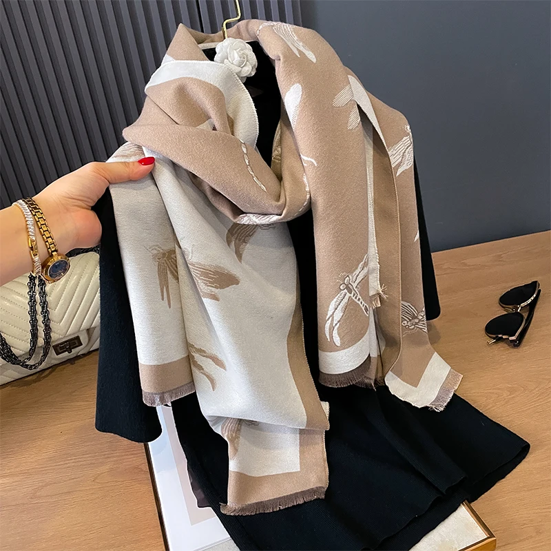 Winter Warm Cashmere Dragonfly Shawl Fashion Scarf Women Neckerchief Pashmina Head Scarves Wrap Femal Poncho Echarpe Bandana