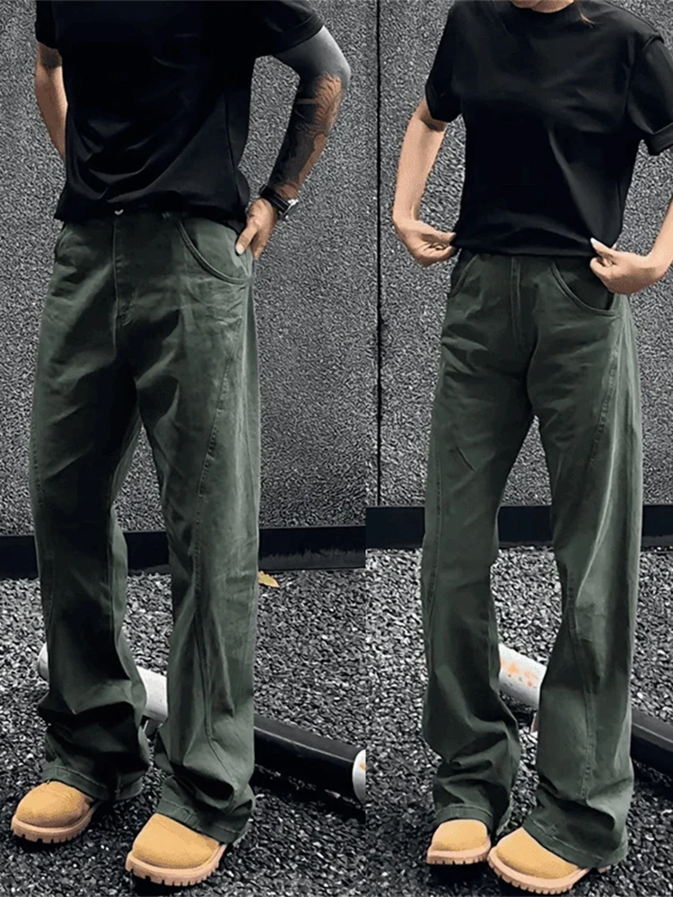 

Мужские осенне-зимние джинсы прямого кроя в стиле High Street, рабочие брюки с эффектом потертости, расклешенные повседневные брюки, молодежный модный бренд