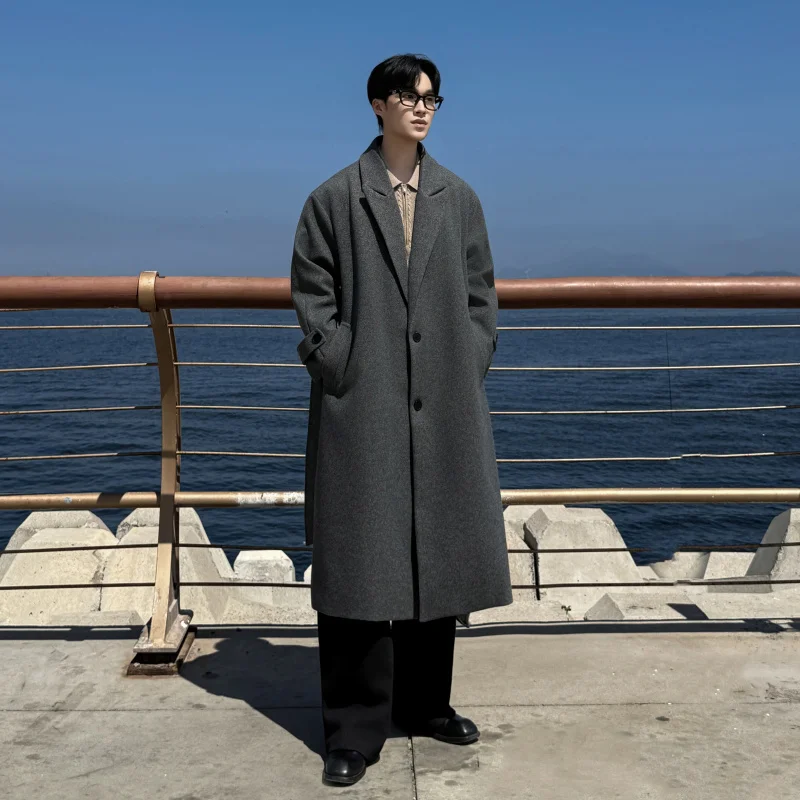 

Мужское зимнее шерстяное пальто-ветровка оверсайз в корейском стиле, удлиненное, ниже колена, для молодежи