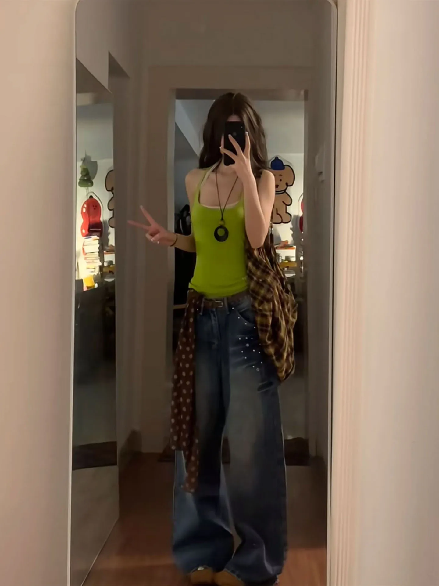 

Retro Blue Rivet Wide Leg Jeans Women Summer Thin American Retro High Waist Unique Design Loose Straight Tube Pants
