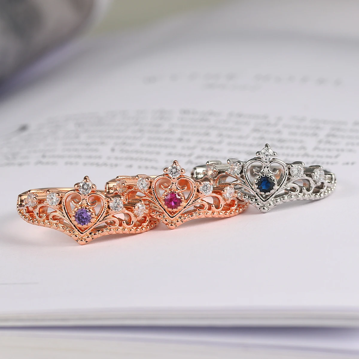 Purple Heart Crown Rings For Girls Party Wedding Finger Ring Rose Gold Color Crystal Jewelry for Women Anel Wholesale KBR212