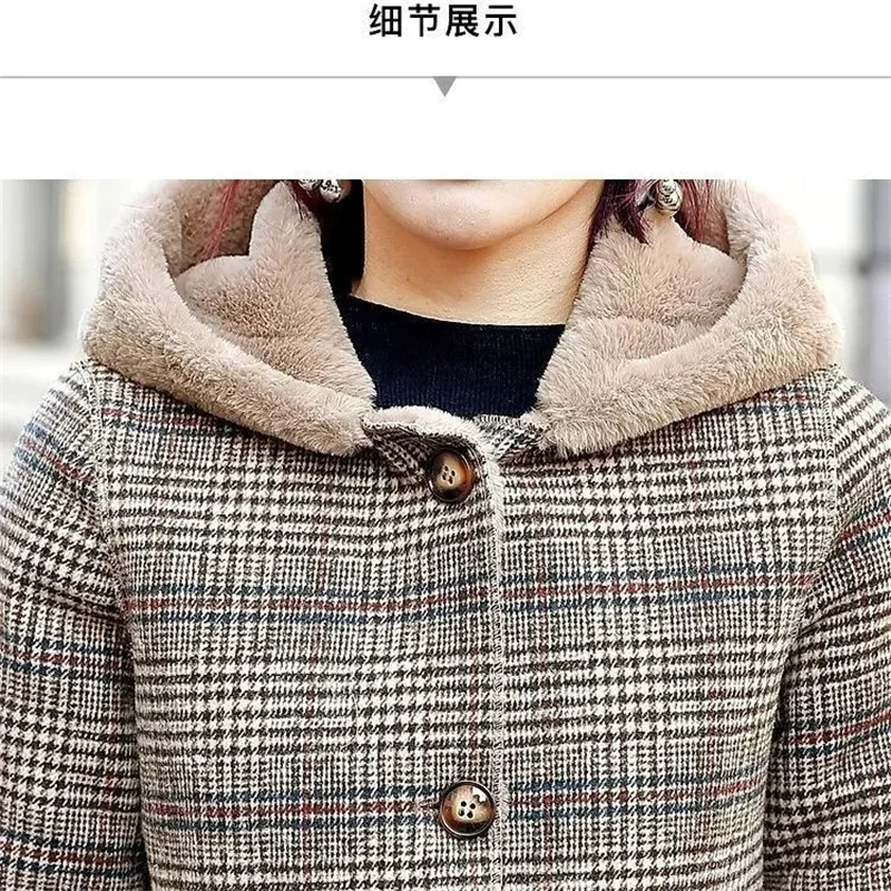 Women\'s Plaid Wool Coat Thick Velvet Thickened Warm Mid-Long Jackets Hooded Warm Woolen coat Ladies Winter Jacket Faux Fur Coat