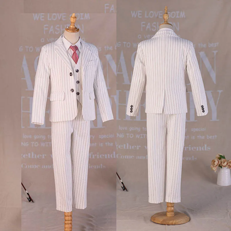 

Gentleman Kids White Stripe Photograph Suit Teenager Boys Jacket Vest Pants Tie Wedding Dress Children Stage Performance Costume