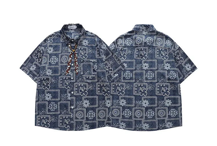 Summer Vintage Denim Blue Floral Patchwork Short Sleeve Shirt Men Lapel Loose Oversized Blouse with Printed Ribbon Tie