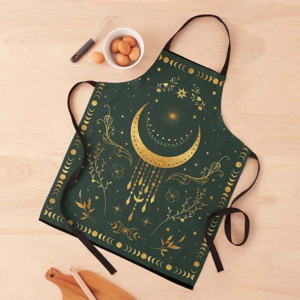 Sage green and gold Celestial crescent moon with floral accents and moon phase tie dye Apron Kitchen Women Apron