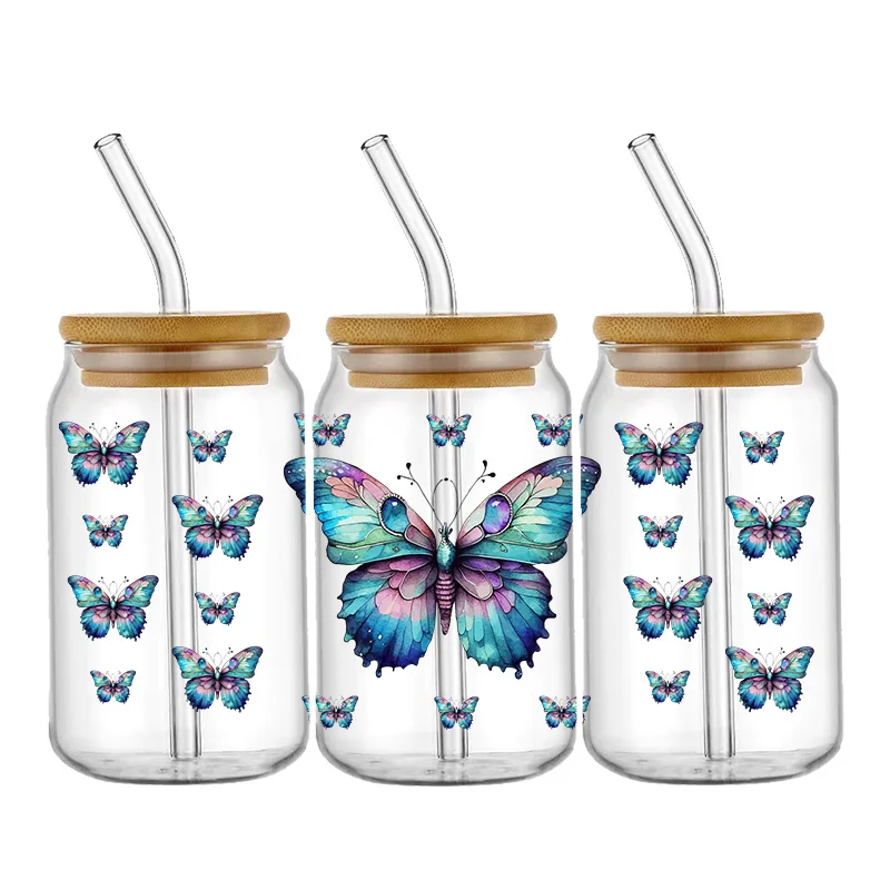 Colorful Butterfly Patterns Uv Dtf Cup Wrap Stickers Waterproof UV DTF Cup Wraps Sticker DIY 3D Wrap Decal For 16oz Libbey Glass