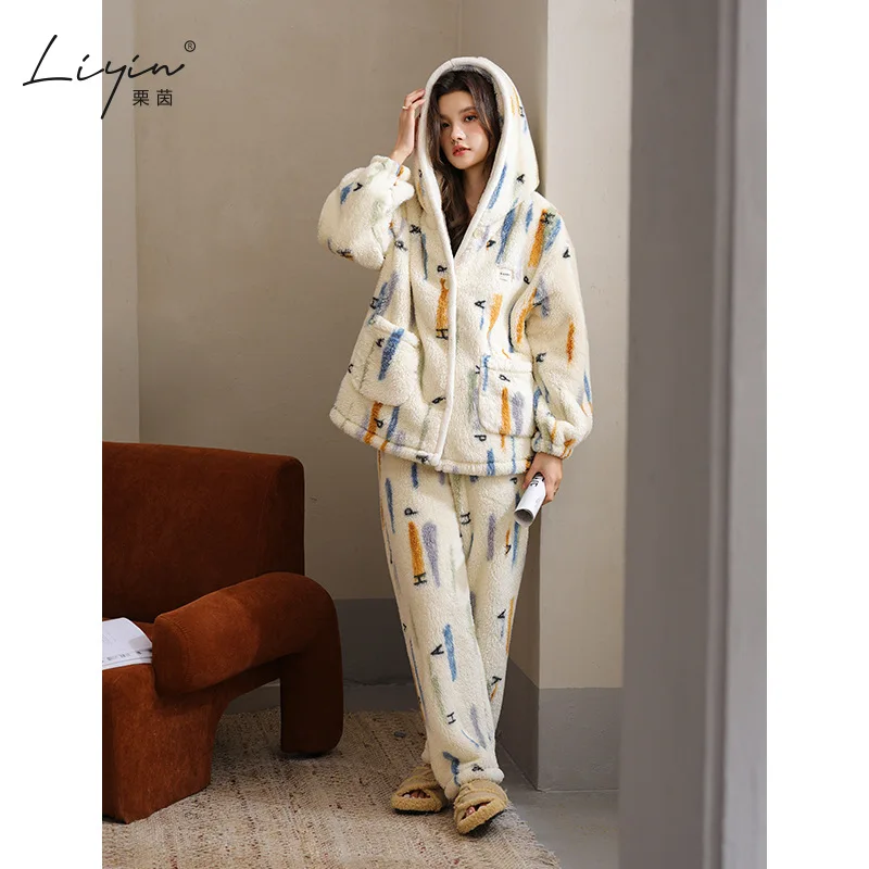 PJs Set Женский пижамный комплект Женские теплые зимние пижамы Модная домашняя одежда, утепленная пижама Милый и мягкий пижамный комплект новый
