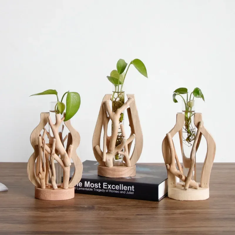 Pure Handwork Wooden Vase Decorated Solid Wood Flower Pot for Creative Glass Floral Hydroponic Container Home Decorative Vase