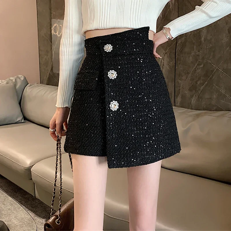 Koreaanse Mode Onregelmatige Rok Dames Nieuwe Straat Temperament Hoge Taille Tweed Rok voor Vrouwen Plaid Knoppen Shorts A-lijn Rokken