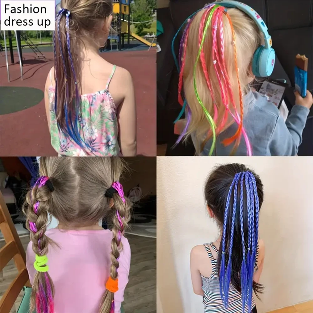 4PCS Girls Kids Colorful Braided Ponytail Hair Extensions Synthetic wigs with Rubber Band 45cm rainbow Y2K Hairpieces Pony Tail