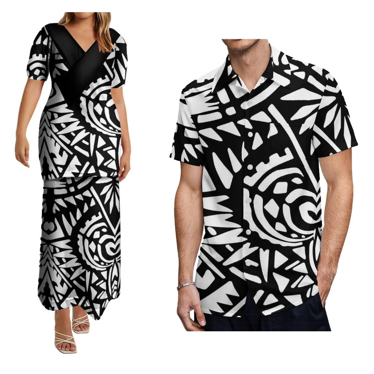 2024 estate Puletasi Top e gonna lunga abbigliamento samoano abito manica corta da donna Pacific Island Design camicia Aloha da uomo