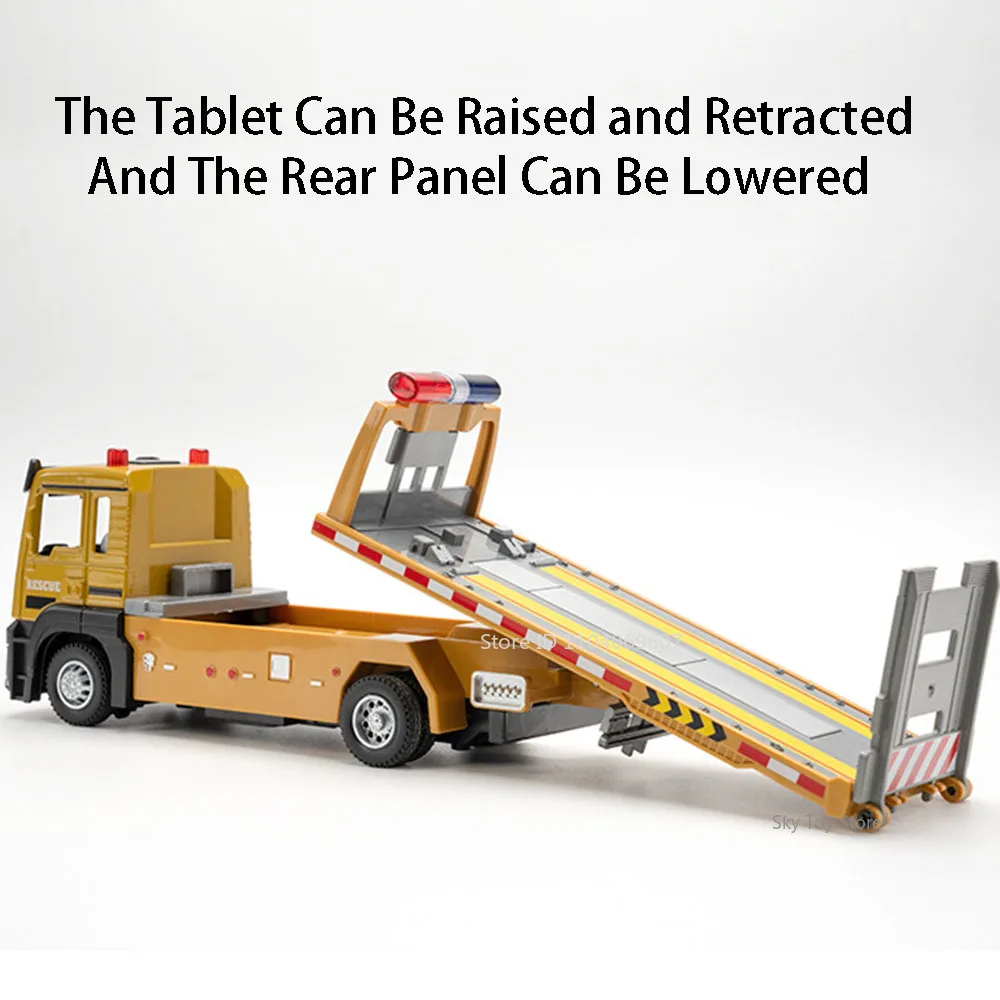 Remolque de cama plana de aleación Diecast 1:32, camión de rescate por carretera, modelo de juguetes, coche en miniatura, sonido, luz, puertas traseras, vehículo abierto, regalo para niños