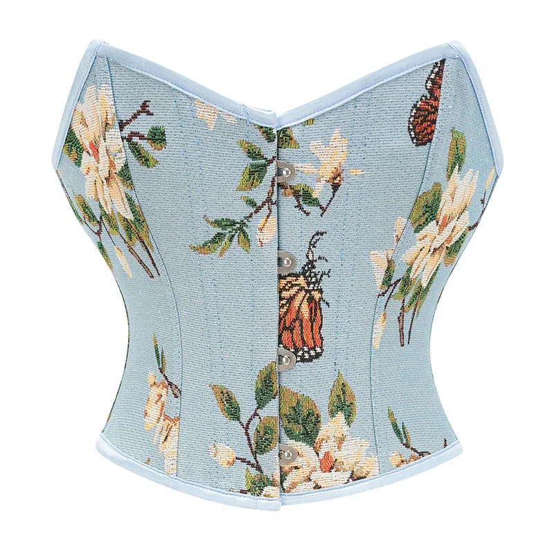 Green Flower Butterfly Printed Denim French Style Vintage Top Corset For Women 2024 Renaissance Bodice Gothic Fashion Bustier