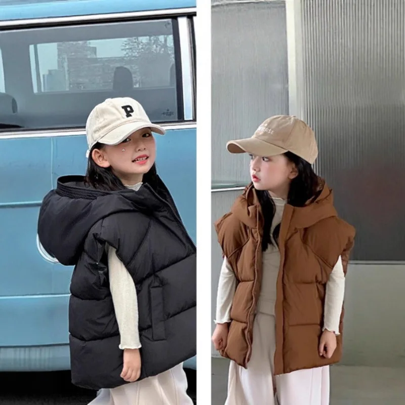

Children Autumn Winter Duck Down Vest Girls Casual Solid Color Jacket Boys Simple Fashion Hooded Thickened Warm Waistcoat