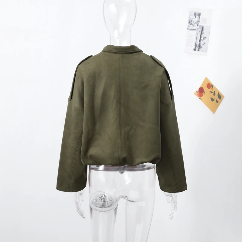Vintage-Jacke aus massivem Kunstwildleder mit Reißverschluss für Damen, modisch, elastische Taille, Taschen, Reverskragen, locker geschnittener Mantel, Damen-Alltags-Street-Outfit. – Detail 5