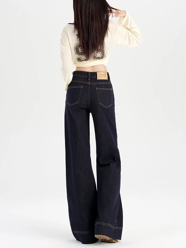 

Deep Blue Non-Fitting Wide Leg Denim Jeans Women's High Waist Bootcut Trousers Casual Cotton Stretch Fabric All Season
