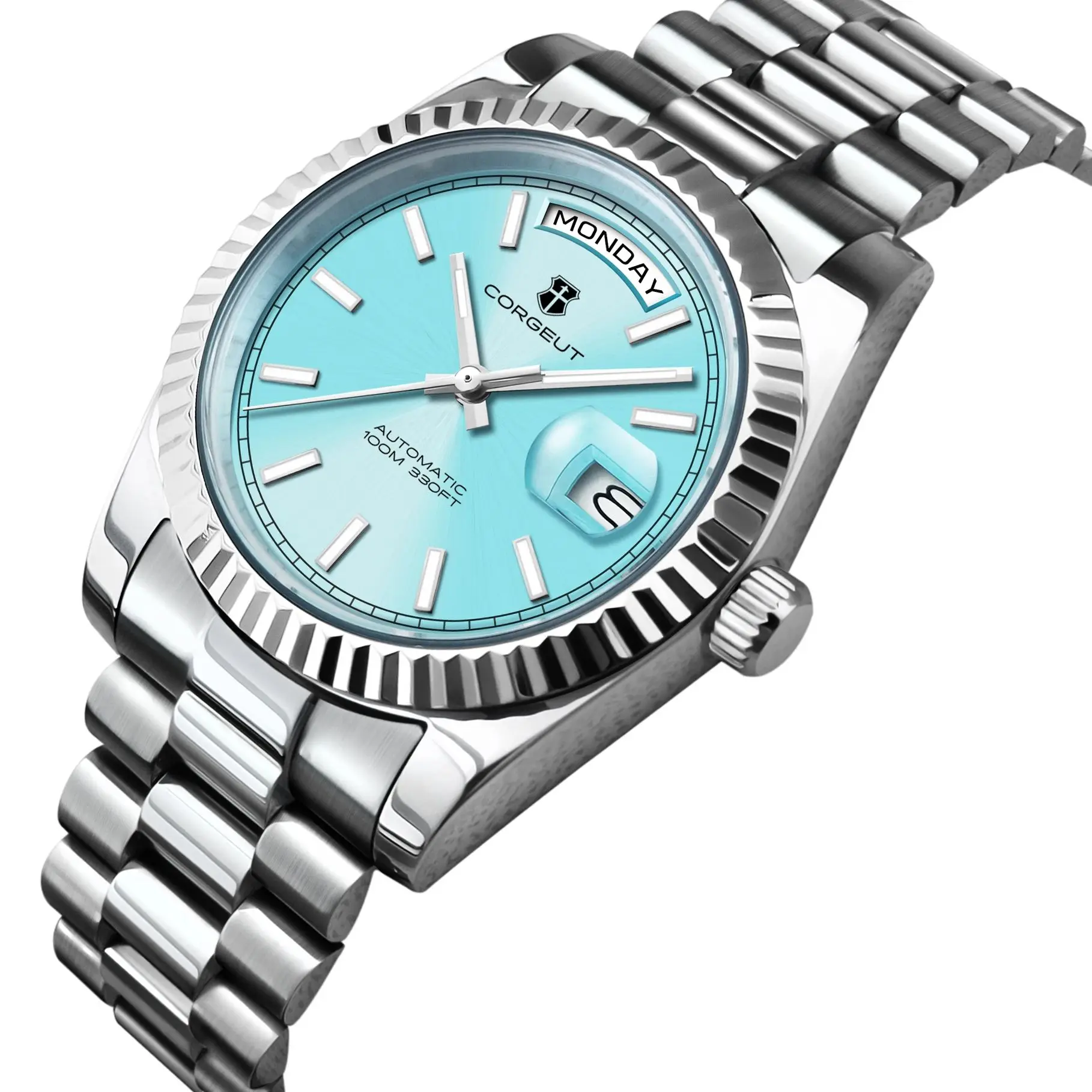 CORGEUT NH36 ساعة ميكانيكية للرجال تاريخ الأسبوع عرض الرئيس سلسلة حزام الصلب ساعة الخيوط قوس الحافة waterp