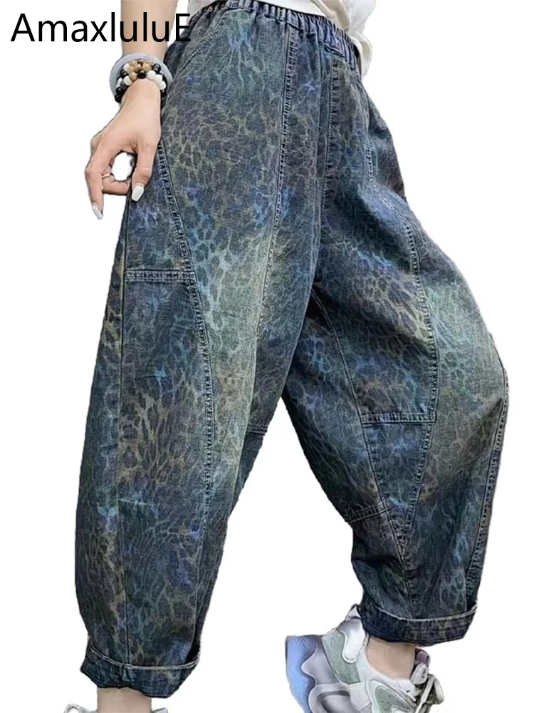 

Amax luluE Spring Leopard Streetwear Womens Printed fashion Jeans Loose Vintage Denim Pants Ladies Classic Casual Harem Trousers