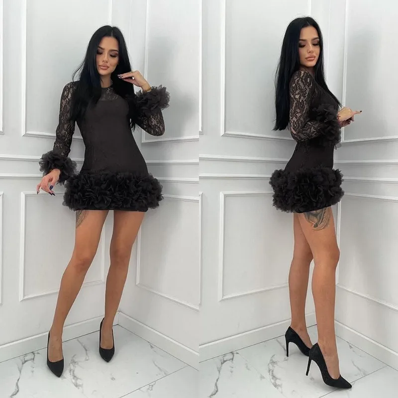 فستان KEXU مثير من الدانتيل الشفاف برقبة دائرية وحاشية مكشكشة وأكمام طويلة للحفلات والنوادي فساتين نسائية صغيرة