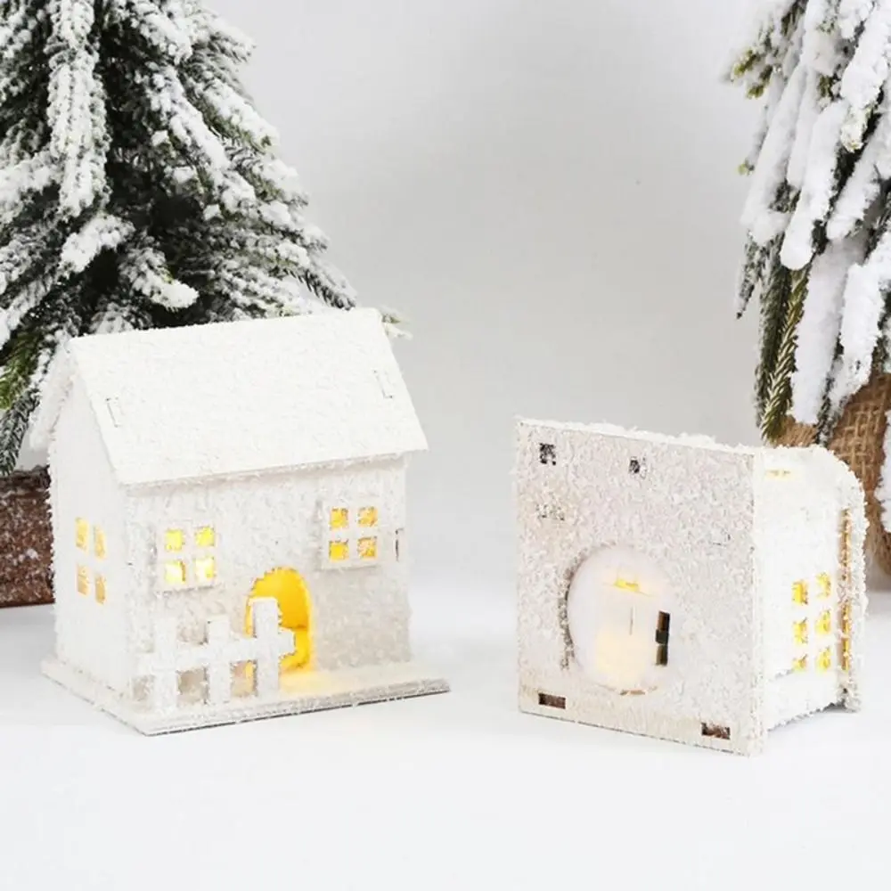 Snow Cabin Mini Christmas LED Light Wooden House White Luminous Glowing Castle with Snowflake New Year