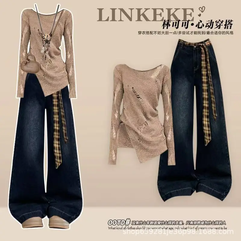 Retro Women's Set Autumn and Winter Irregular Knitted Ripped Top+high Waist Slimming Jeans Two-piece Set