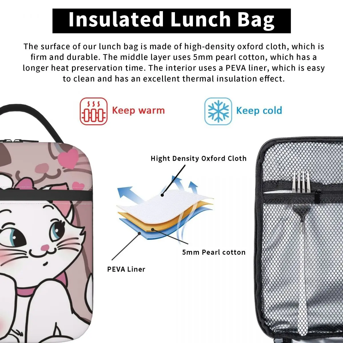 الوردي الأرستوكات لطيف ماري القطط معزول حقيبة الغداء للنساء الأطفال مانعة للتسرب صناديق الطعام علب الاغذية الحرارية حمل